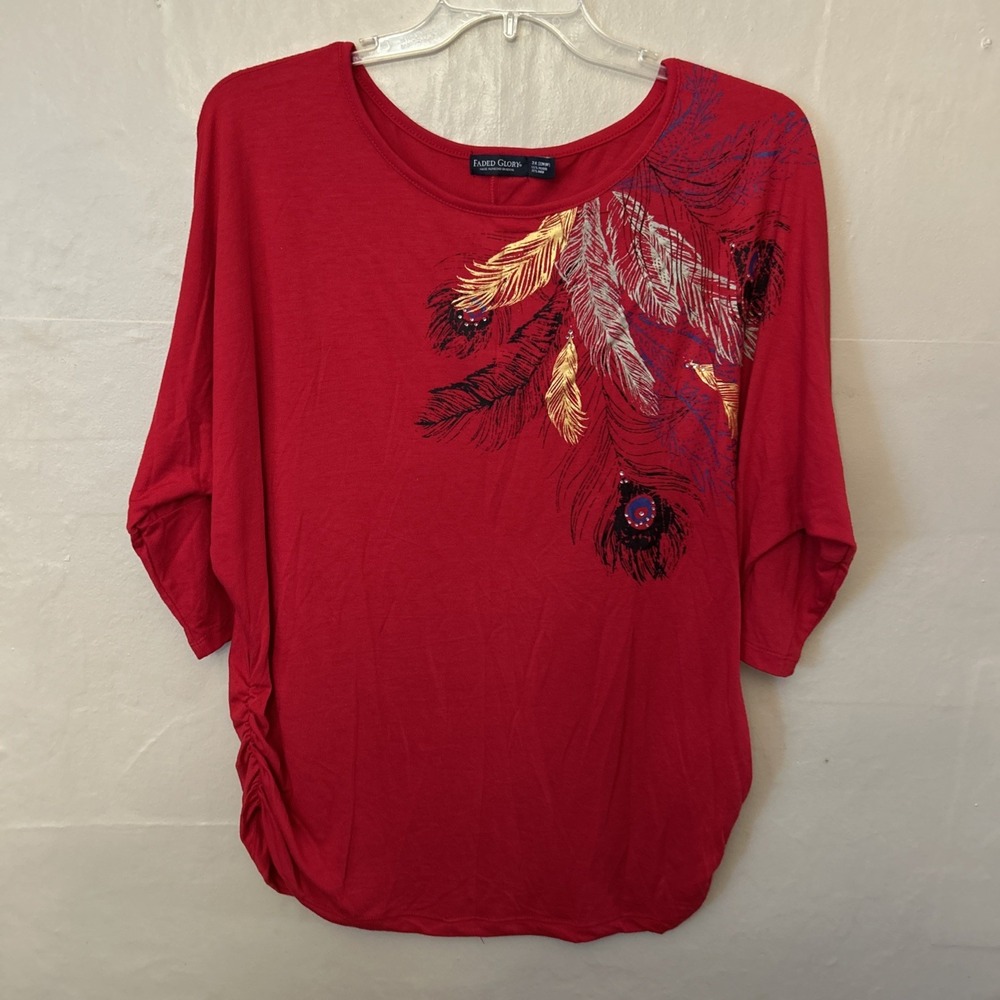Faded‎ Glory Vintage 3X Red Knit Top With Feather Graphic